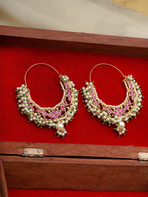 Flower Earrings-Pink Color Gold Plated Jadau Kundan Earrings - ME1164P