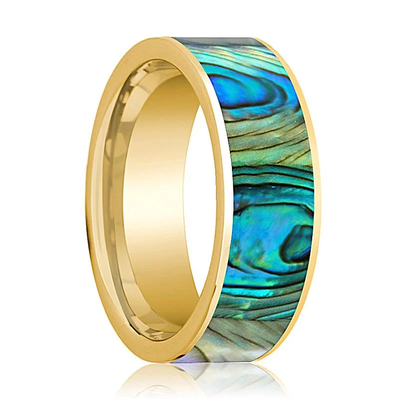 Men's 14k Yellow Gold Flat Wedding Band with Mother of Peral Inlay Polished Finish