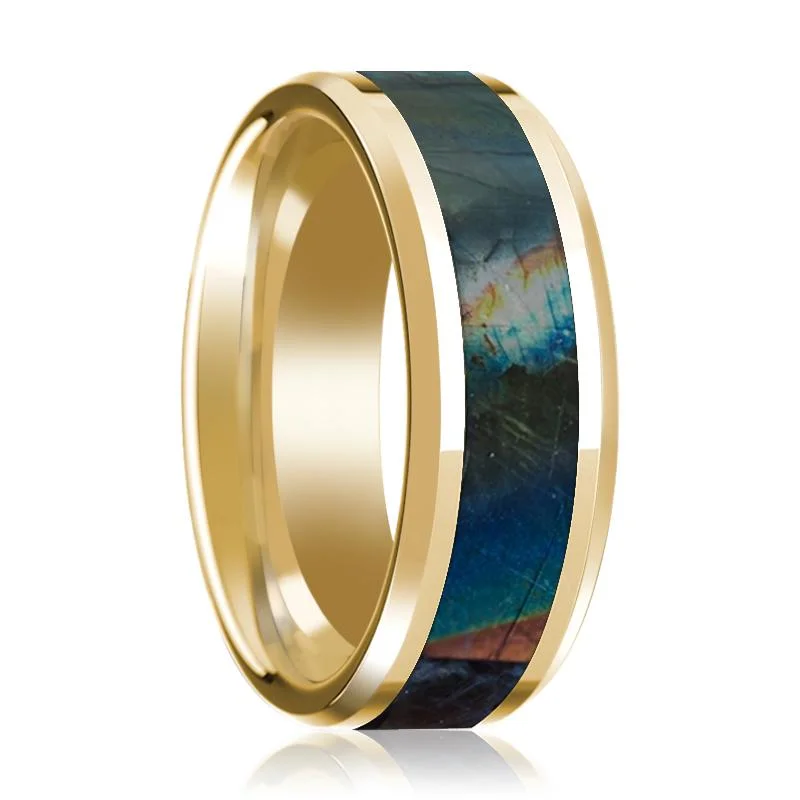 Spectrolite Inlaid Men's 14k Yellow Gold Polished Wedding Band with Beveled Edges - 8MM