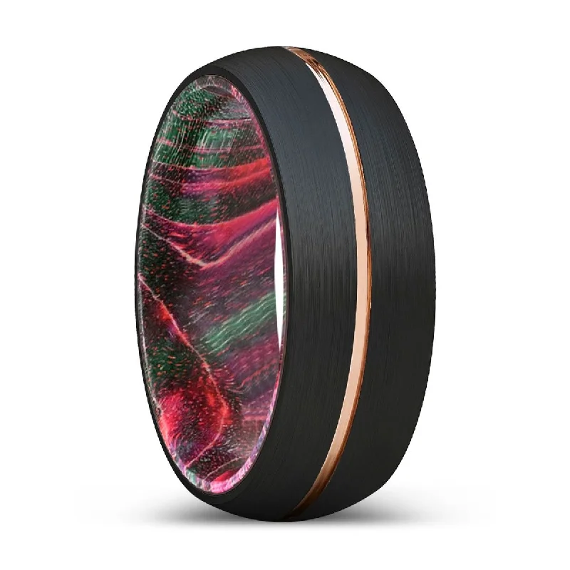 POGO | Green & Red Wood, Black Tungsten Ring, Rose Gold Groove, Domed