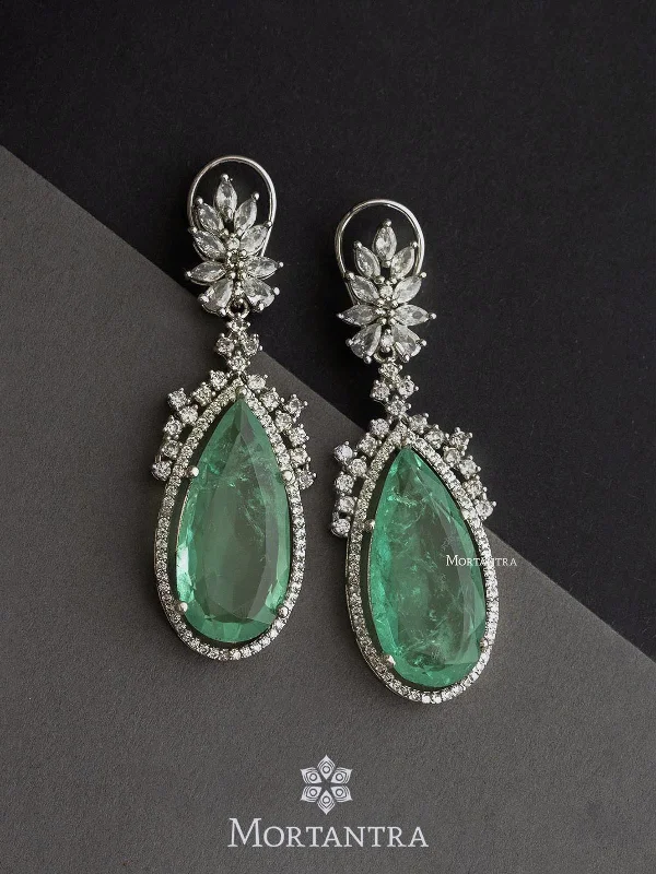 Bold Gold Earrings-Green Color Silver Plated Faux Diamond Earrings - CZEAR471GR