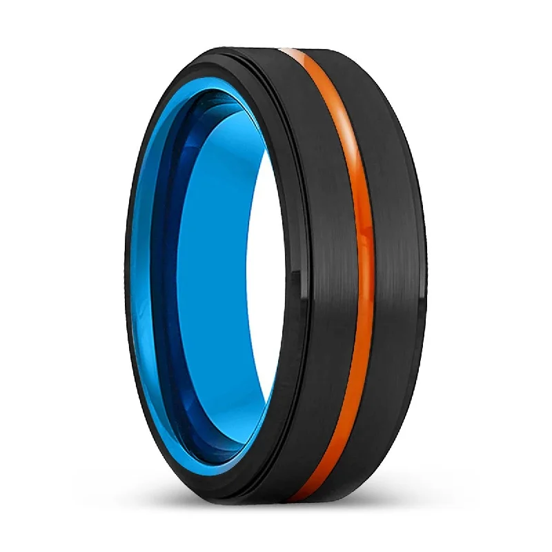 PEORIA | Blue Tungsten Ring, Black Tungsten Ring, Orange Groove, Stepped Edge