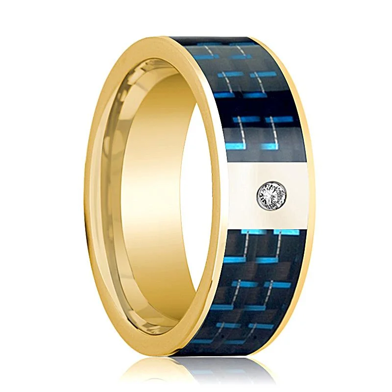 Black and Blue Carbon Fiber Inlaid Men's 14k Gold Wedding Band with Diamond in Center - 8MM