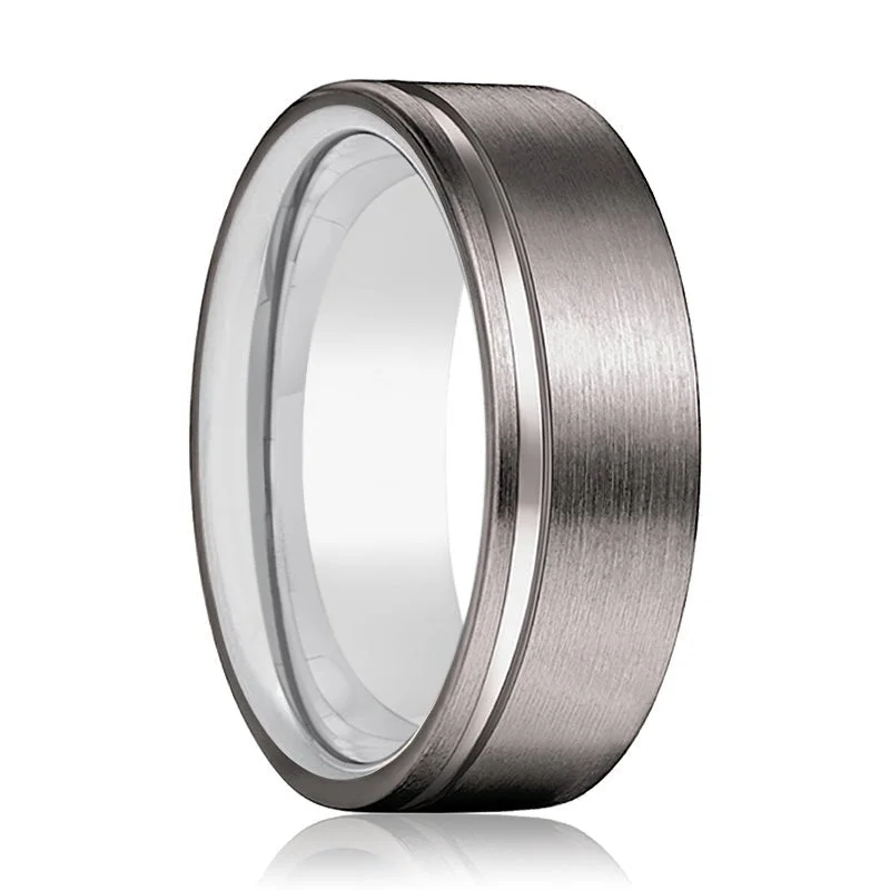 FROST | Silver Ring, Gunmetal Tungsten Offset Groove