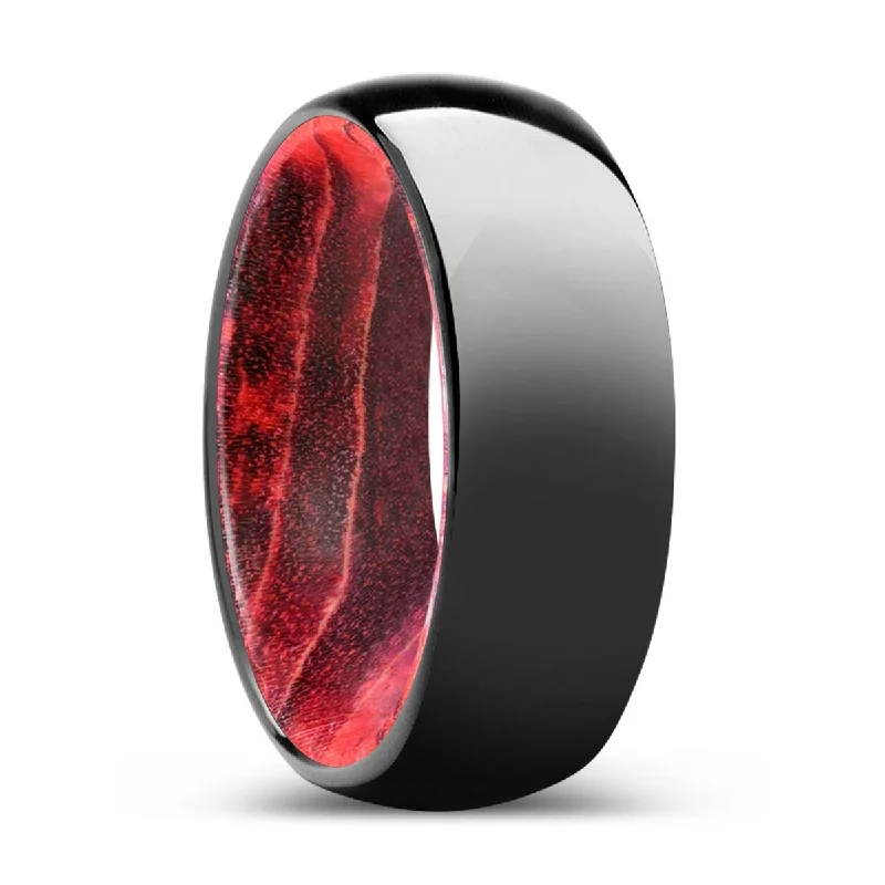 TIMBER | Black & Red Wood, Black Tungsten Ring, Shiny, Domed