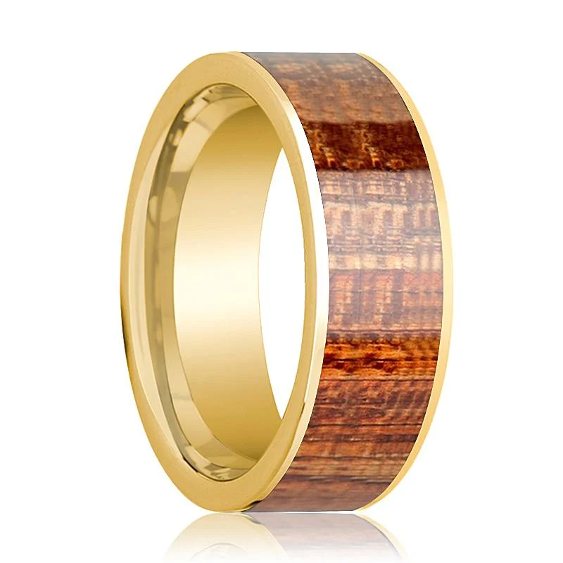 Men's Engagement Ring Polished 14k Yellow Gold Flat Wedding Band with Mahogany Wood Inlay