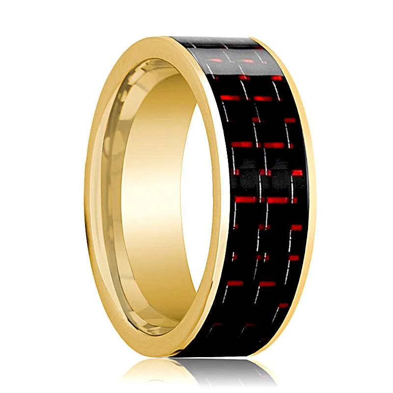 Men's 14k Yellow Gold Flat Wedding Ring with Black & Red Carbon Fiber Inlay Polished Finish - 8MM