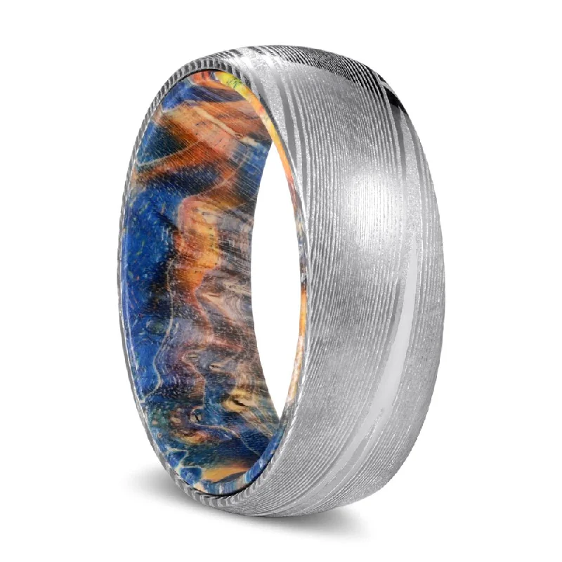 HYDE | Blue & Yellow/Orange Wood, Silver Damascus Steel, Domed