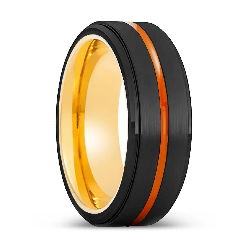 AURORA | Gold Ring, Black Tungsten Ring, Orange Groove, Stepped Edge