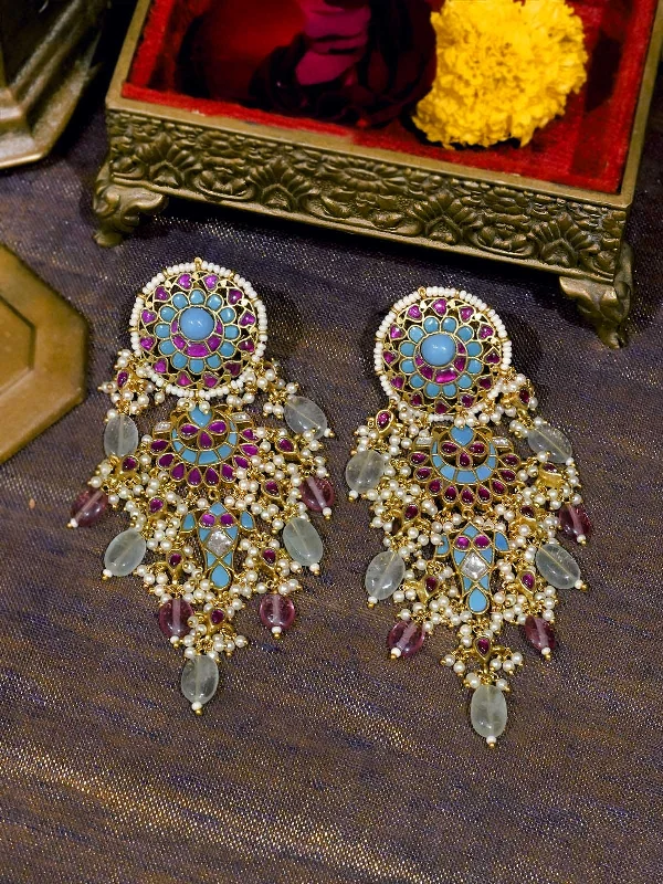 Long Dangle Hoop Earrings-Multicolor Gold Plated Jadau Kundan Earrings - ME723FP