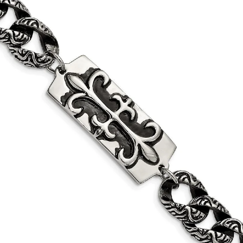 Adjustable Charm Cuff Bracelet-Stainless Steel Antiqued Fleur de Lis 9in Bracelet