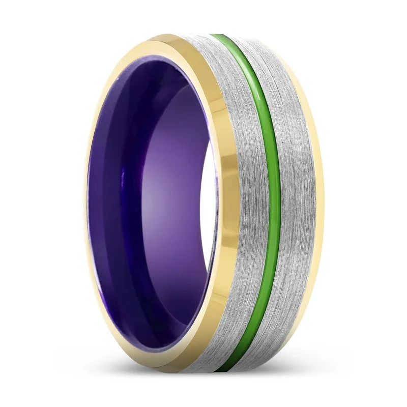 TEMPLAR | Purple Ring, Silver Tungsten Ring, Green Groove, Gold Beveled Edge