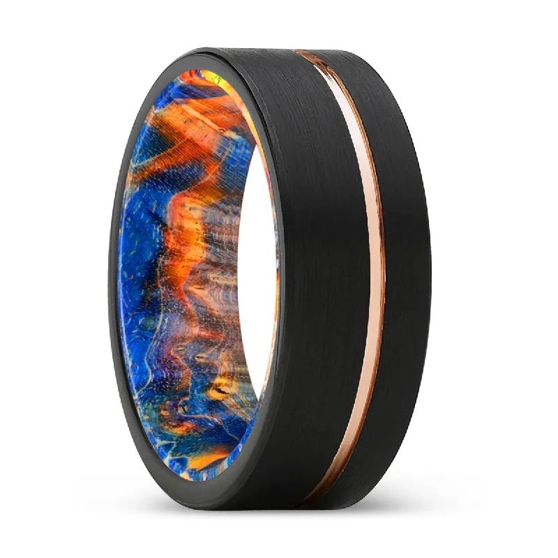 REVOLT | Blue & Yellow/Orange Wood, Black Tungsten Ring, Rose Gold Offset Groove, Brushed, Flat