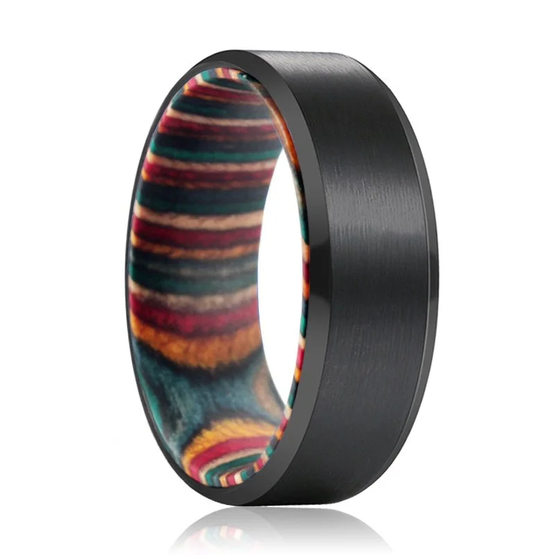 SPECK | Multi Color Wood, Black Tungsten Ring, Brushed, Beveled