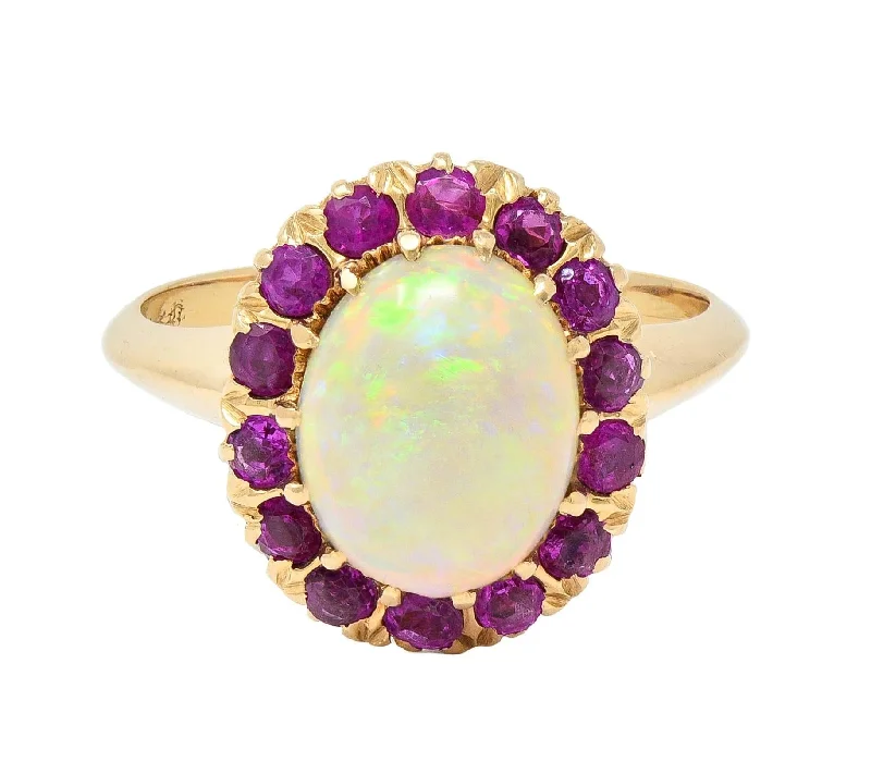 Retro Pink Sapphire Opal 14 Karat Yellow Gold Vintage Halo Ring