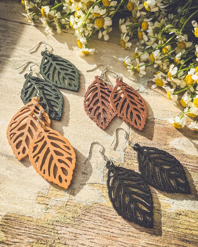 Silver Drop Earrings for Women-Set of Four Beautiful Wood Leaf Earrings