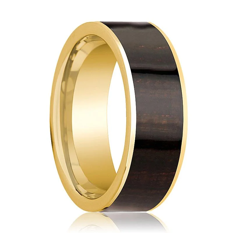 Men's 14k Yellow Gold Wedding Band with Ebony Wood Inlay Polished Finish - 8MM