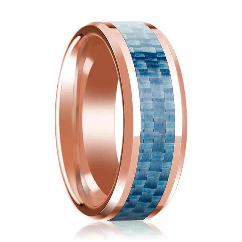 Beveled 14k Rose Gold Wedding Band with Blue Carbon Fiber Inlay & Beveled Edges Polished Finish - 8MM