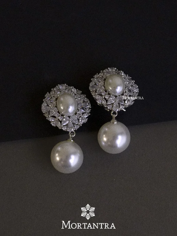 Oval Dangle Earrings-White Color Silver Plated Faux Diamond Earrings - CZEAR484