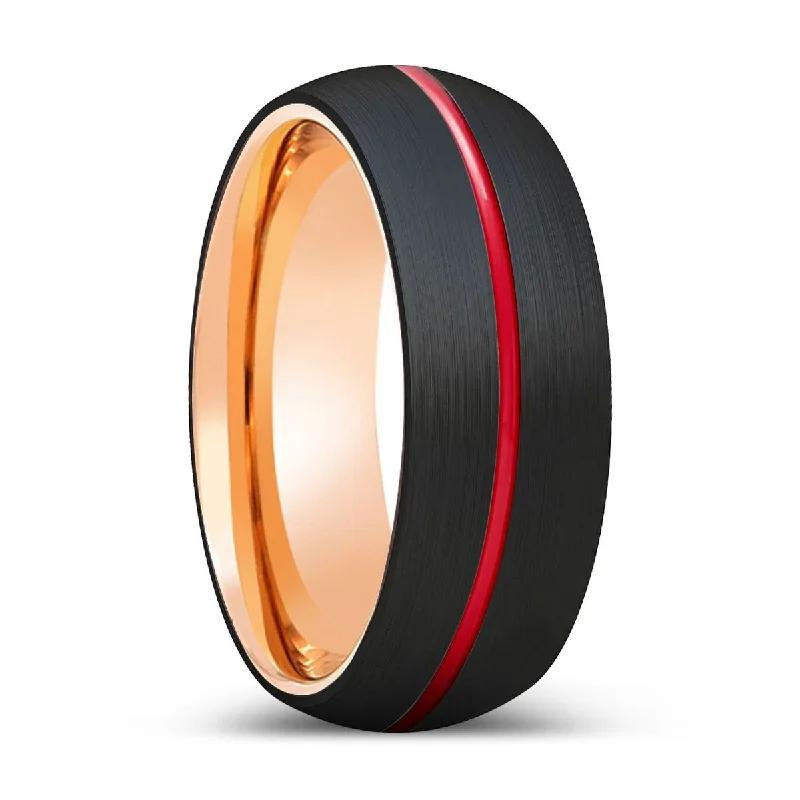 YOGHI | Rose Gold Ring, Black Tungsten Ring, Red Groove, Domed