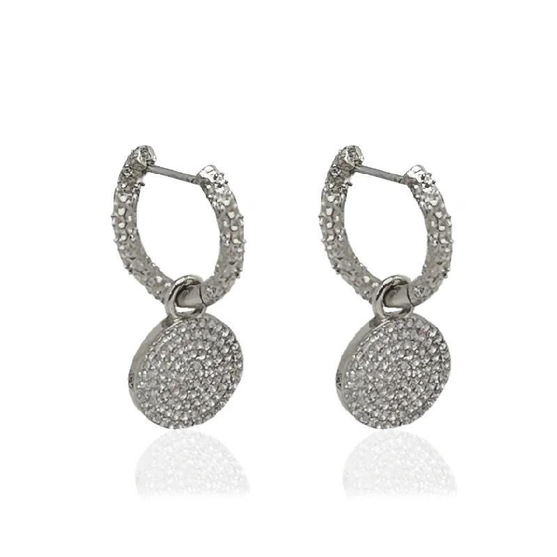 Big Statement Earrings-VINTAGE SILVER CRYSTAL HUGGIES WITH SLIDE ON PAVE DISC