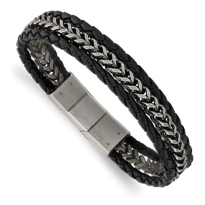 Custom Engraved Bracelet-Stainless Steel Antiqued & Brushed Blk Leather w/.5in ext 8.25in Bracelet