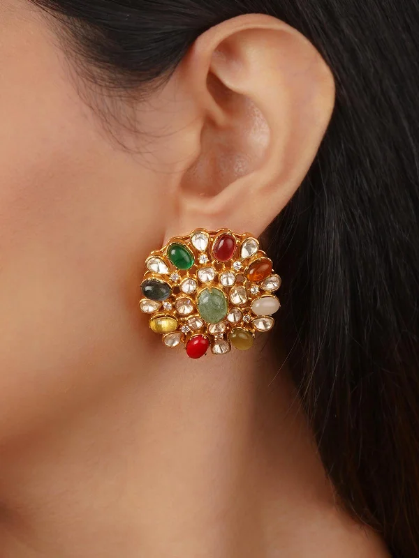 Crystal Stud Earrings-Navratna Gold Plated Jadau Kundan Earrings - MO-EAR40N