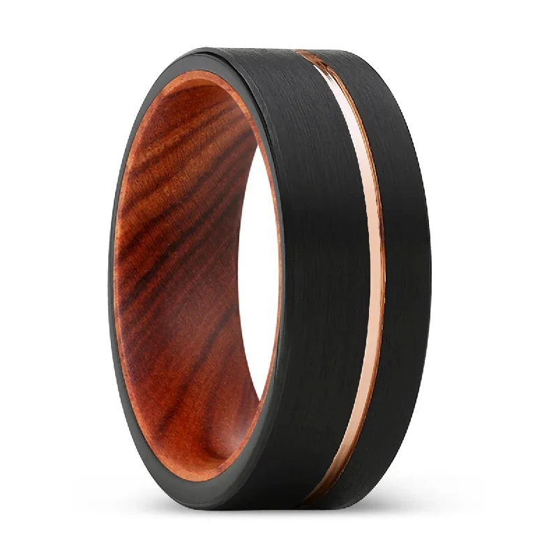 TORPEDO | IRON Wood, Black Tungsten Ring, Rose Gold Offset Groove, Brushed, Flat