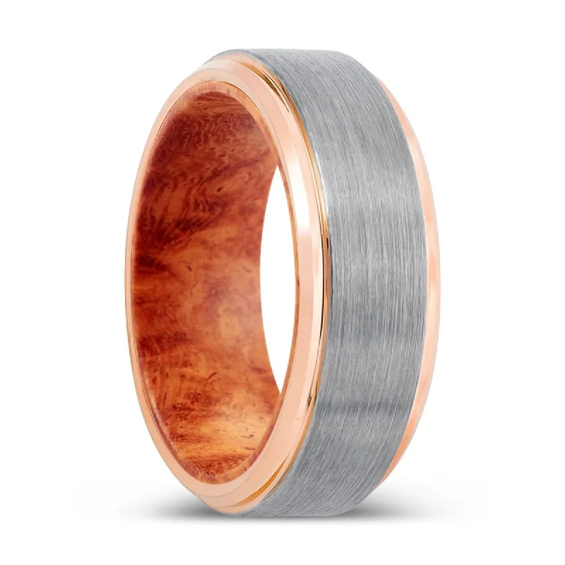 ZYN | Red Burl Wood, Silver Tungsten Ring, Brushed, Rose Gold Stepped Edge