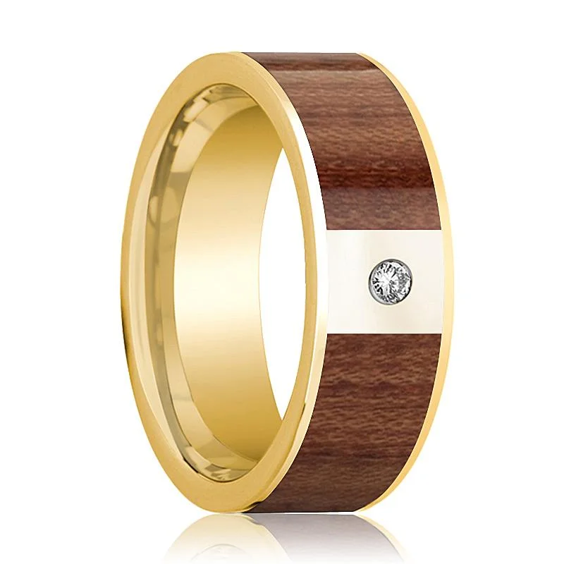 Men's 14k Yellow Gold Flat Wedding Band with Rose Wood Inlay and White Diamond - 8MM