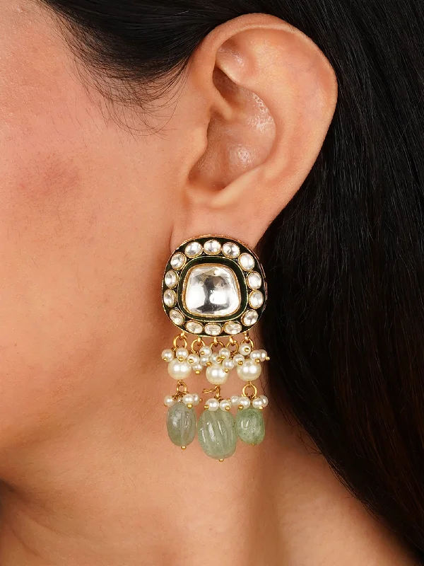 Trendy Drop Earrings-Green Color Gold Plated Faux Polki Earrings - PK-E112