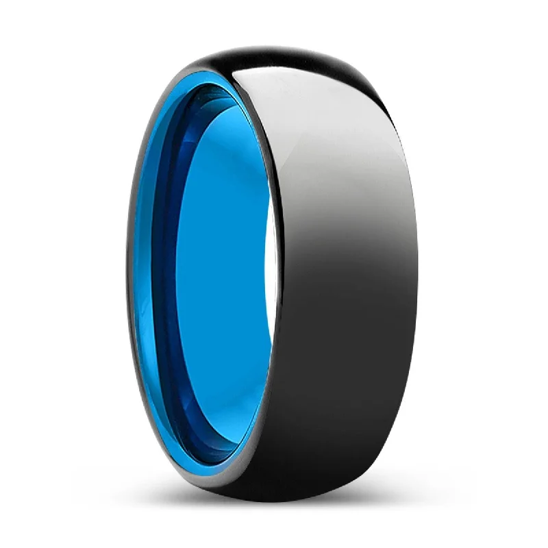 EUPHORIA | Blue Tungsten Ring, Black Tungsten Ring, Shiny, Domed