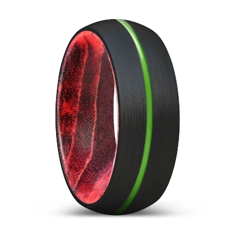 WAYDE | Black & Red Wood, Black Tungsten Ring, Green Groove, Domed