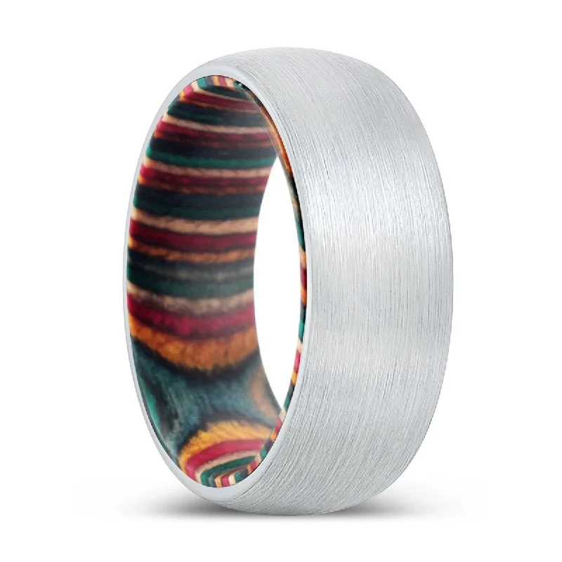 FREEDOM | Multi Color Wood, White Tungsten Ring, Brushed, Domed