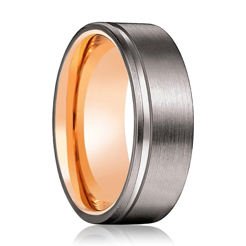 OCTOBER | Rose Gold Ring, Gunmetal Tungsten Offset Groove