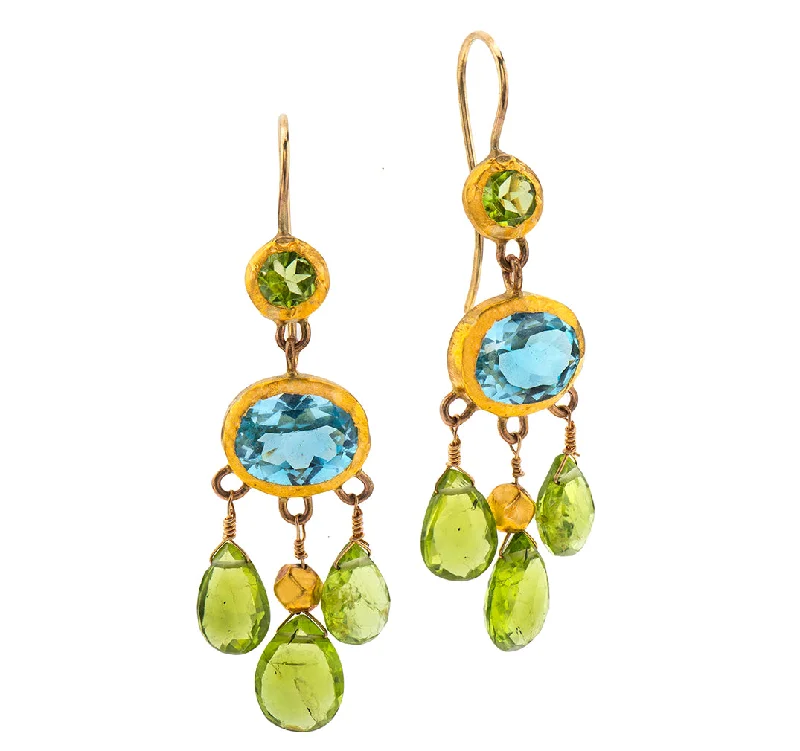 Elegant Drop Earrings-Nava Zahavi Yellow Gold Peridot and Blue Topaz Chandelier Earrings