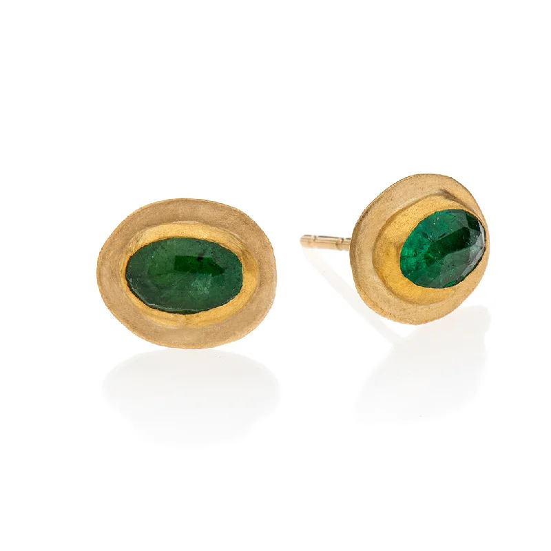 Vintage Style Earrings-Nava Zahavi Yellow Gold Oval Emerald Stud Earrings