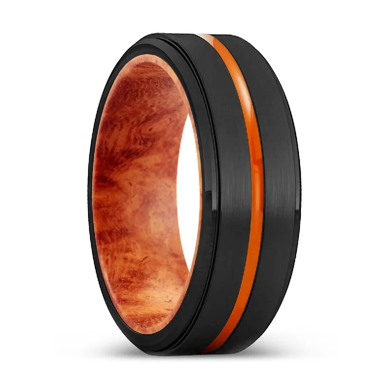 BURNABY | Red Burl Wood, Black Tungsten Ring, Orange Groove, Stepped Edge