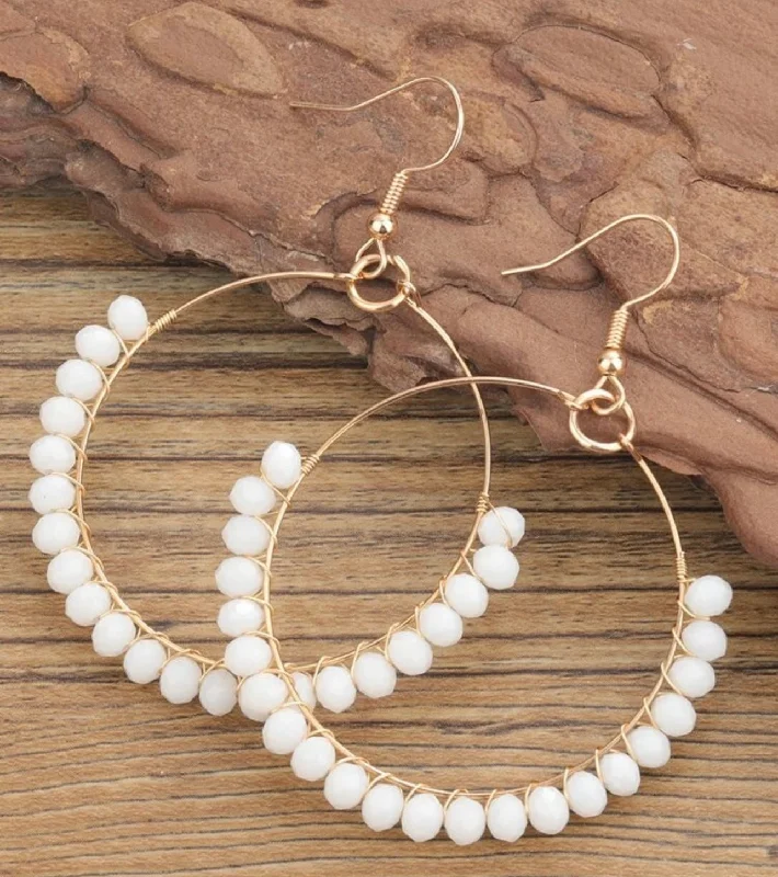 Casual Earrings-Beautiful White Beaded Hoop Earrings