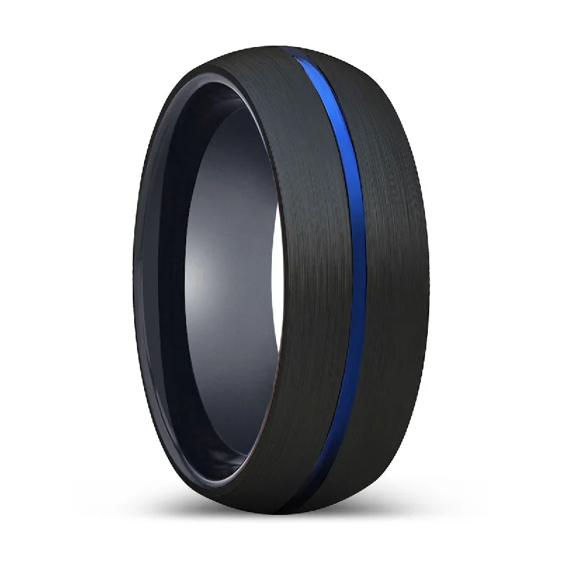 FORTUNE | Black Ring, Black Tungsten Ring, Blue Groove, Domed