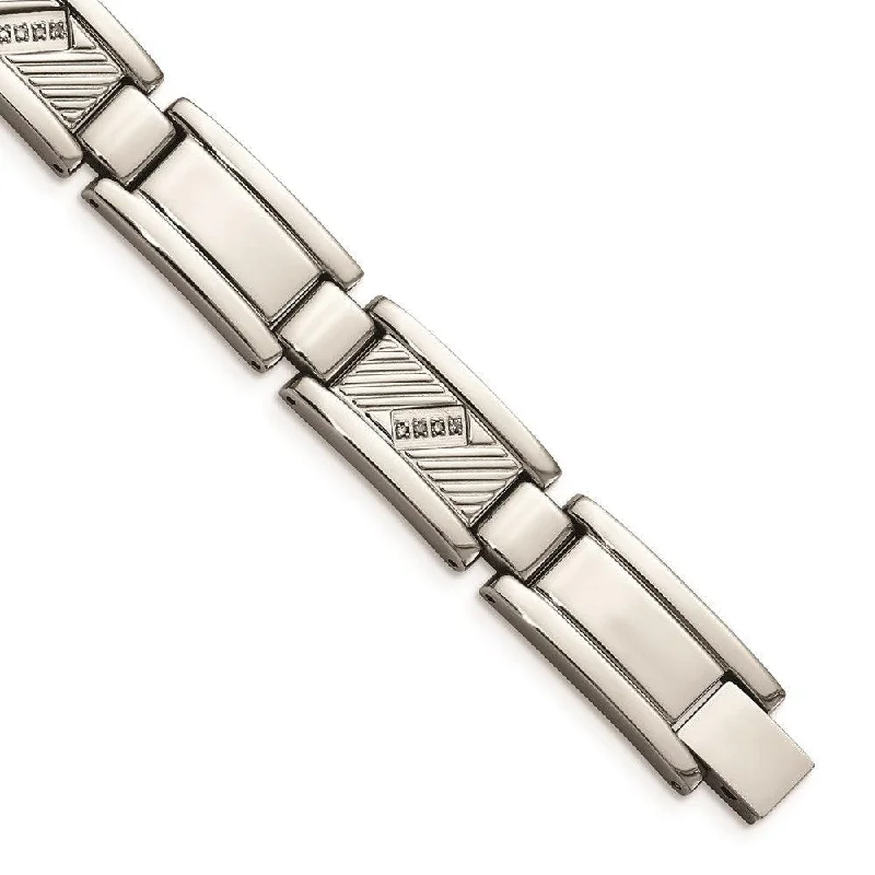 Men’s Custom Bracelet-Stainless Steel Textured & Polished w/Diamonds 8.5in Bracelet