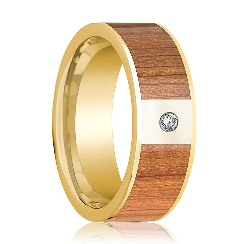 Polished 14k Gold Men's Wedding Band with Sapele Wood Inlay and Diamond - 8MM