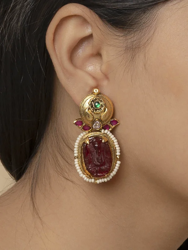 Elegant Stud Earrings-Maroon Color Gold Plated Temple Earrings - TMPEAR644