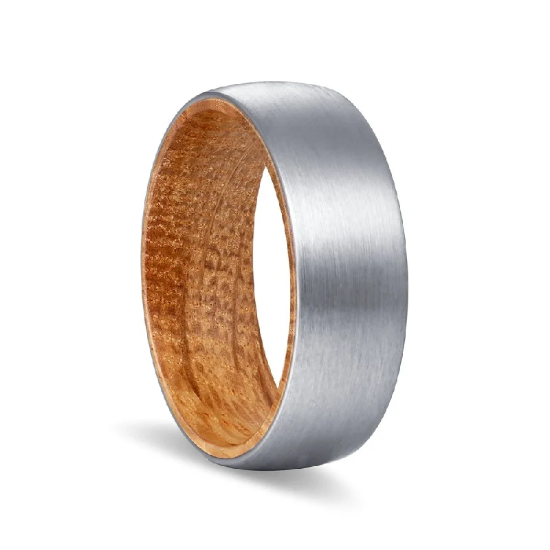 CARLTON | Whiskey Barrel Wood, Silver Tungsten Ring, Brushed, Domed