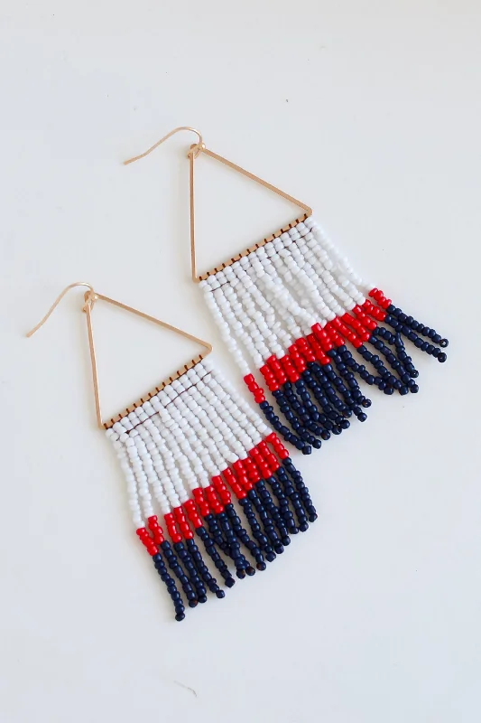 Artistic Earrings-White + Navy Beaded Fringe Earrings