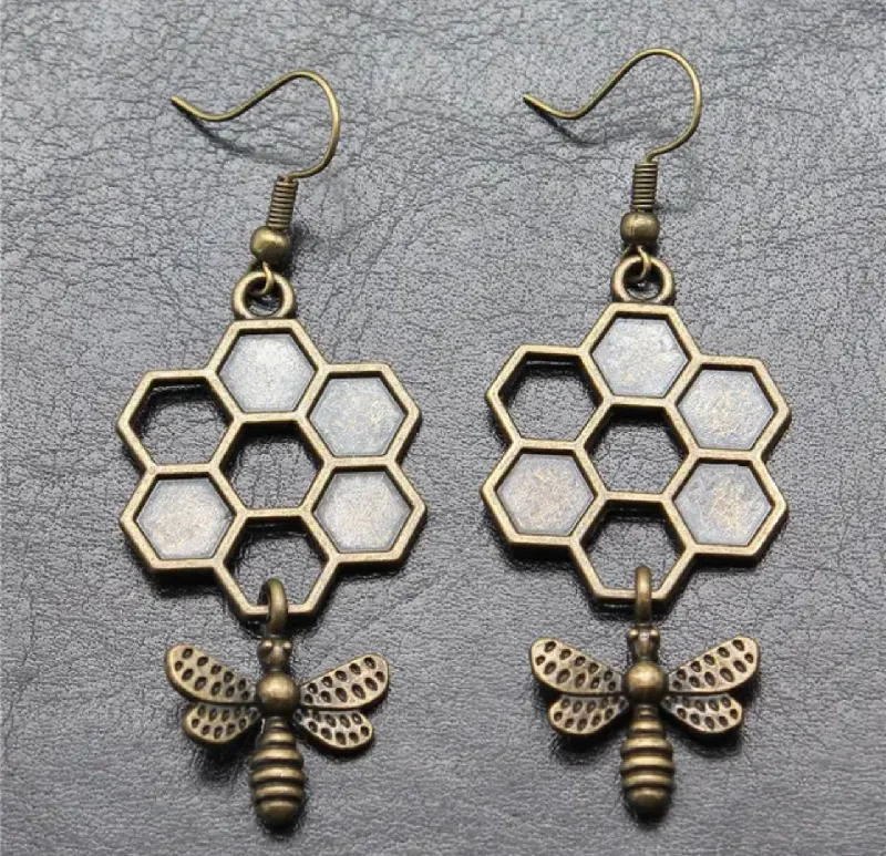 Rhinestone Earrings-Bronze Honeybee Honeycomb Earrings