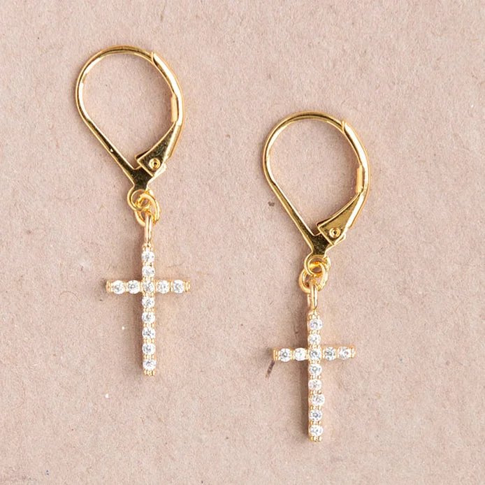 Big Statement Earrings-Cross Cubic Zirconia Leverback Earring Dangle Religion