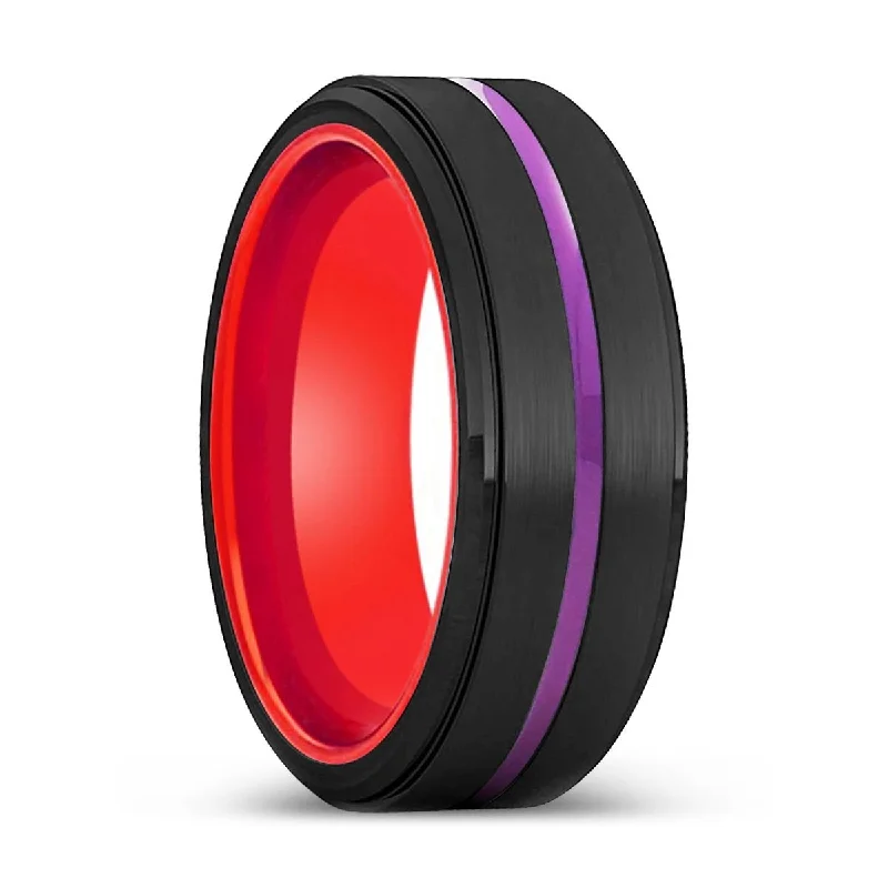 BENDIGO | Red Ring, Black Tungsten Ring, Purple Groove, Stepped Edge