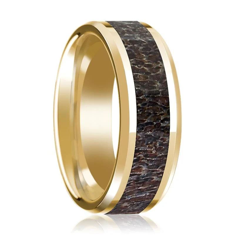 Men's 14k Yellow Gold Wedding Band with Dark Deer Antler Inlay & Beveled Edges Polished Finish - 8MM