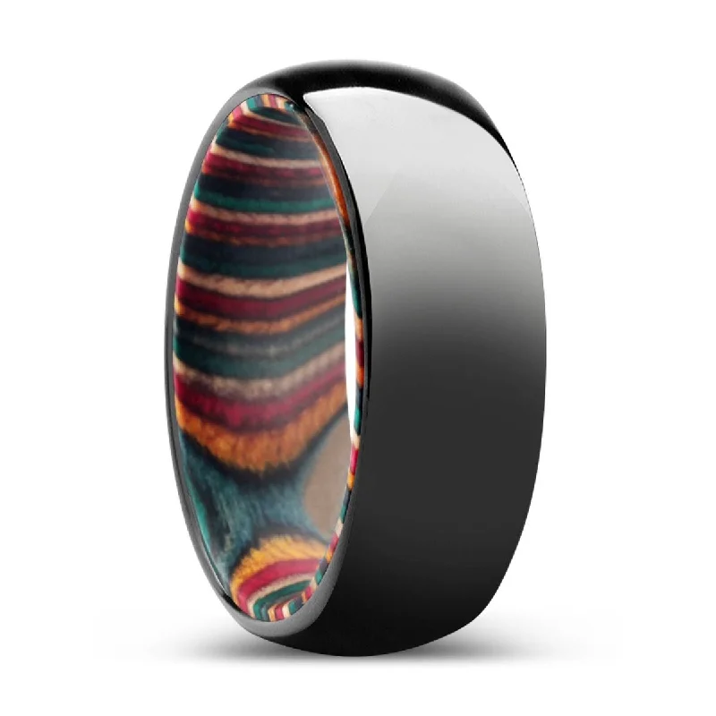 DRIFTWOOD | Multi Color Wood, Black Tungsten Ring, Shiny, Domed